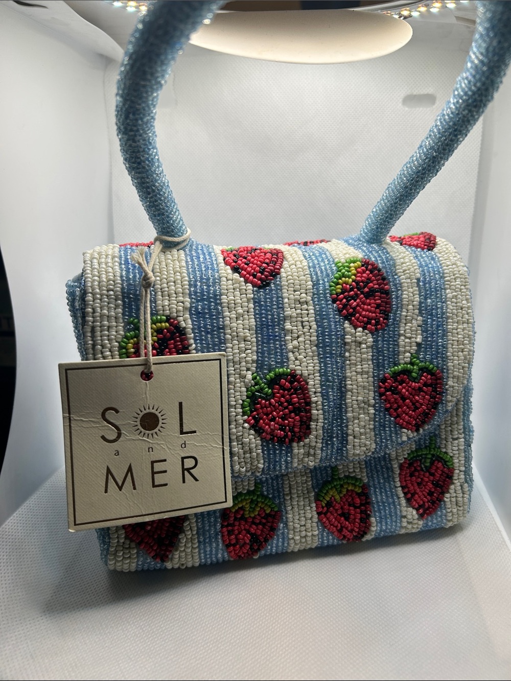 NWT SOL and MER Strawberry Beaded Handbag Blue White Striped Top Handle Purse